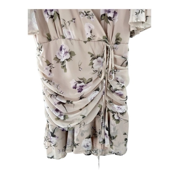 JUST ME Women's Medium Floral Taupe Dress Ruched Draped Above Knee size M - Picture 6 of 12
